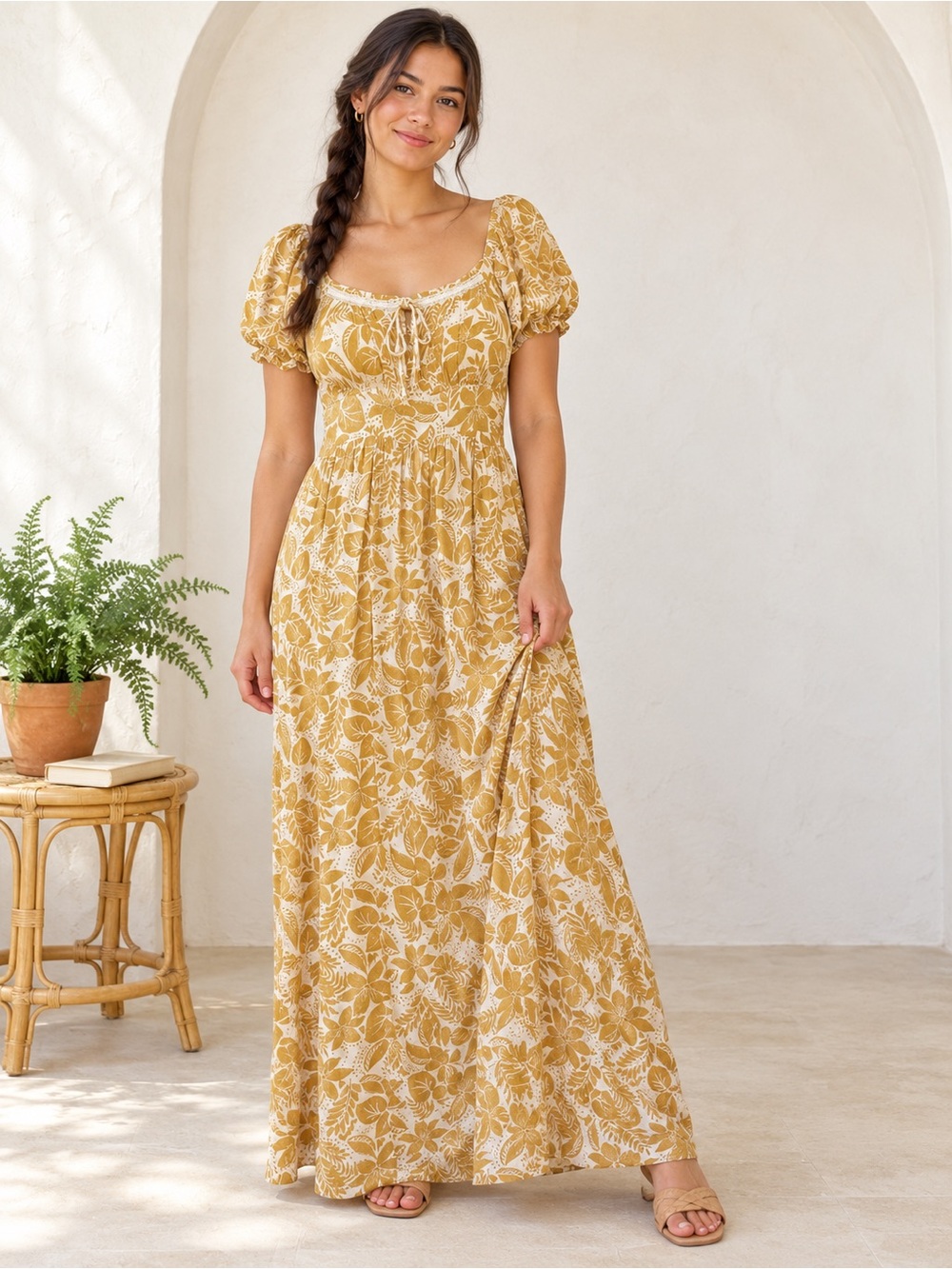Mustard Botanical Print Bustier Puff Sleeve Boho Cottagecore Maxi Dress